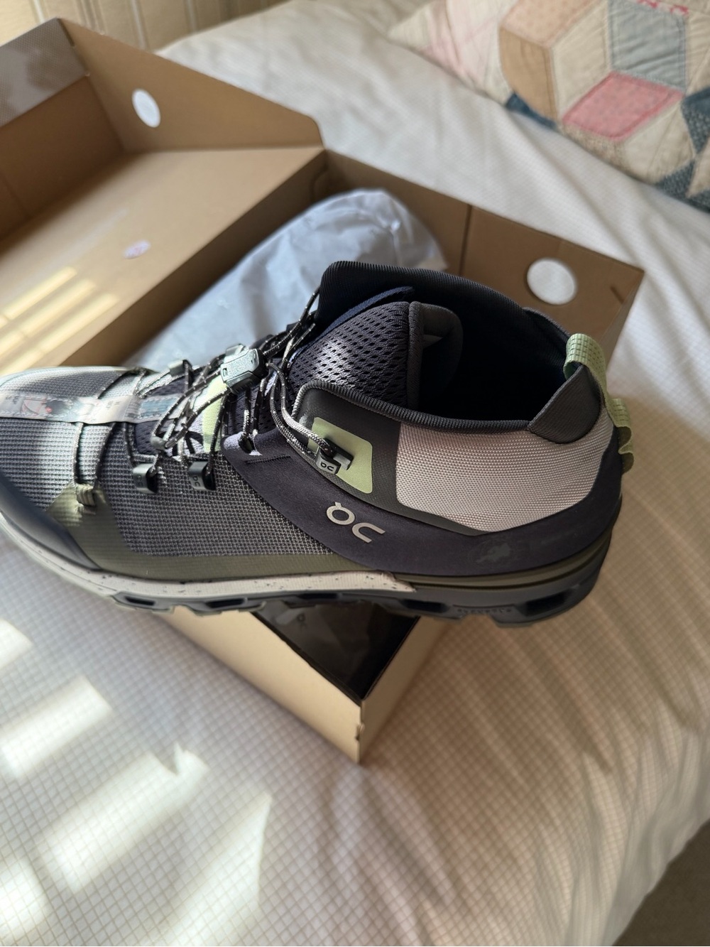 On Running Men’s Trail Sneaker in Gray with Light Green Accents. Brand new.